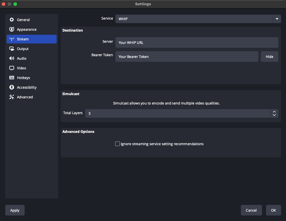 OBS Stream settings with WHIP selected, fields for the server URL and bearer token, and three simulcast layers.